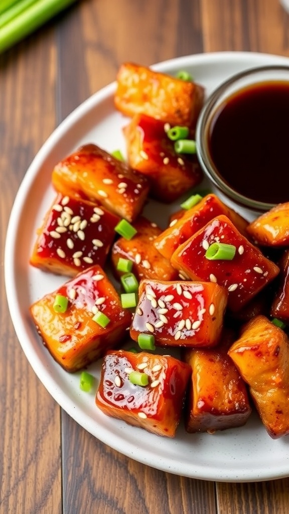 Crispy teriyaki salmon bites garnished with sesame seeds and green onions on a rustic plate.